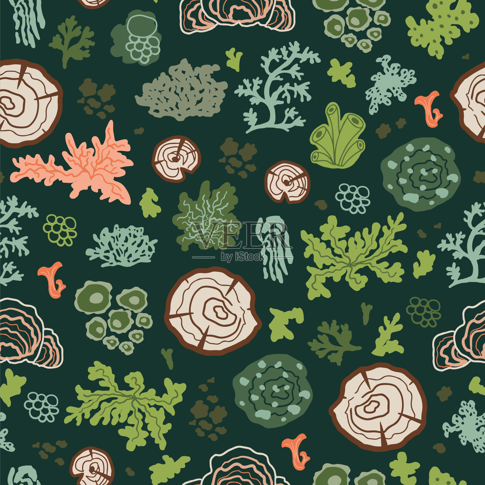 苔藓的模式。绿色的森林苔藓,地衣树桩无缝图案的背景设计。自然向量插画图片素材