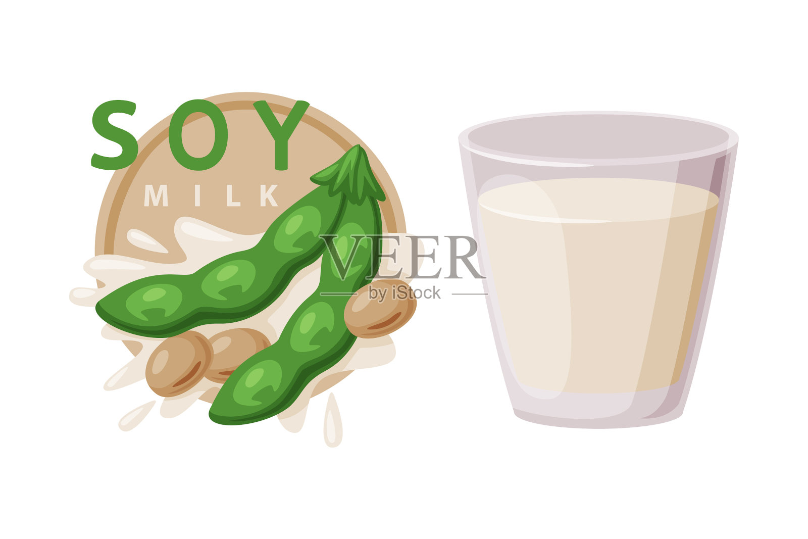 绿色豆荚和玻璃杯与牛奶一样天然设计元素图片