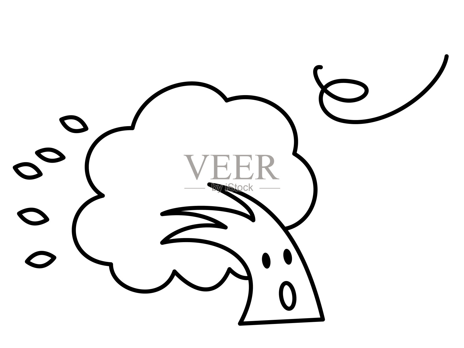 被强风吹起的树。黑白线条画。插画图片素材