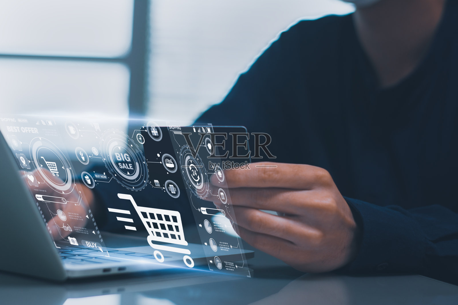 未来概念网上购物,信用卡支付应用4.0技术,商人使用笔记本电脑,现代全息虚拟屏幕图标系统连接过程人工智能或AI照片摄影图片