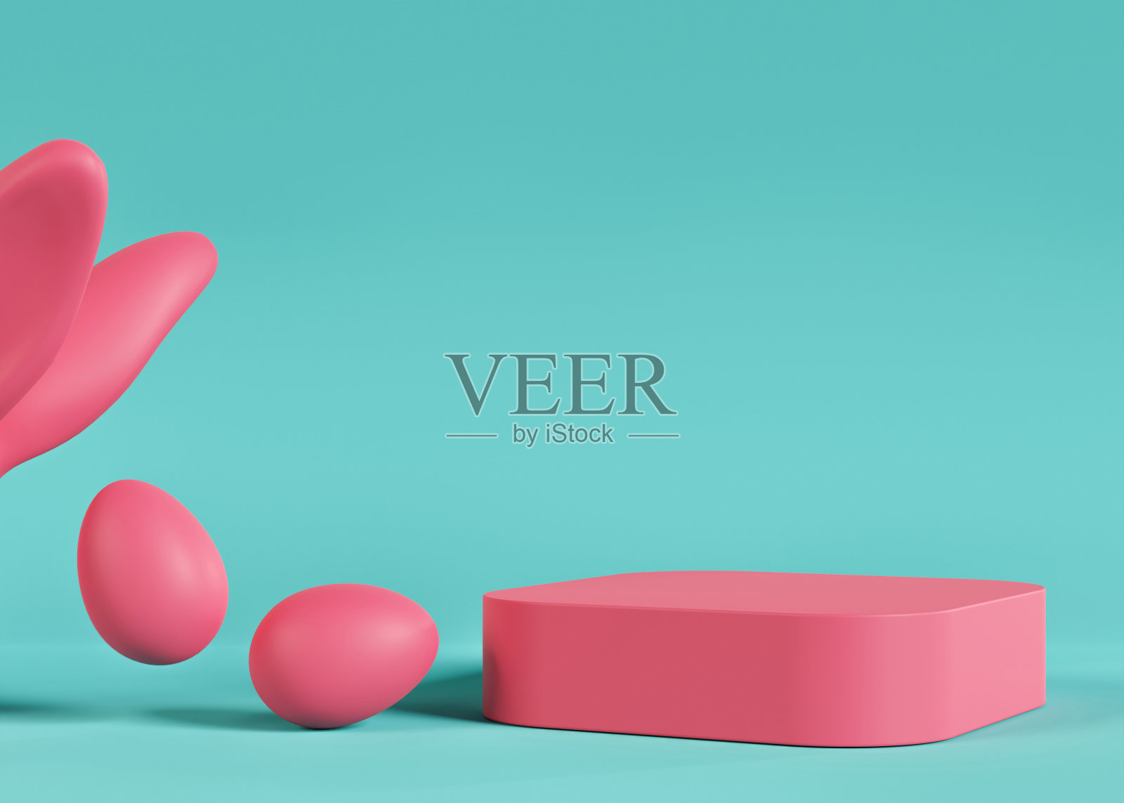 粉色讲台与复活节彩蛋和复制空间。时尚、生动的产品、化妆品展示舞台。复活节模拟。美容产品的底座、平台。空的场景。显示,展示。3 d渲染。照片摄影图片