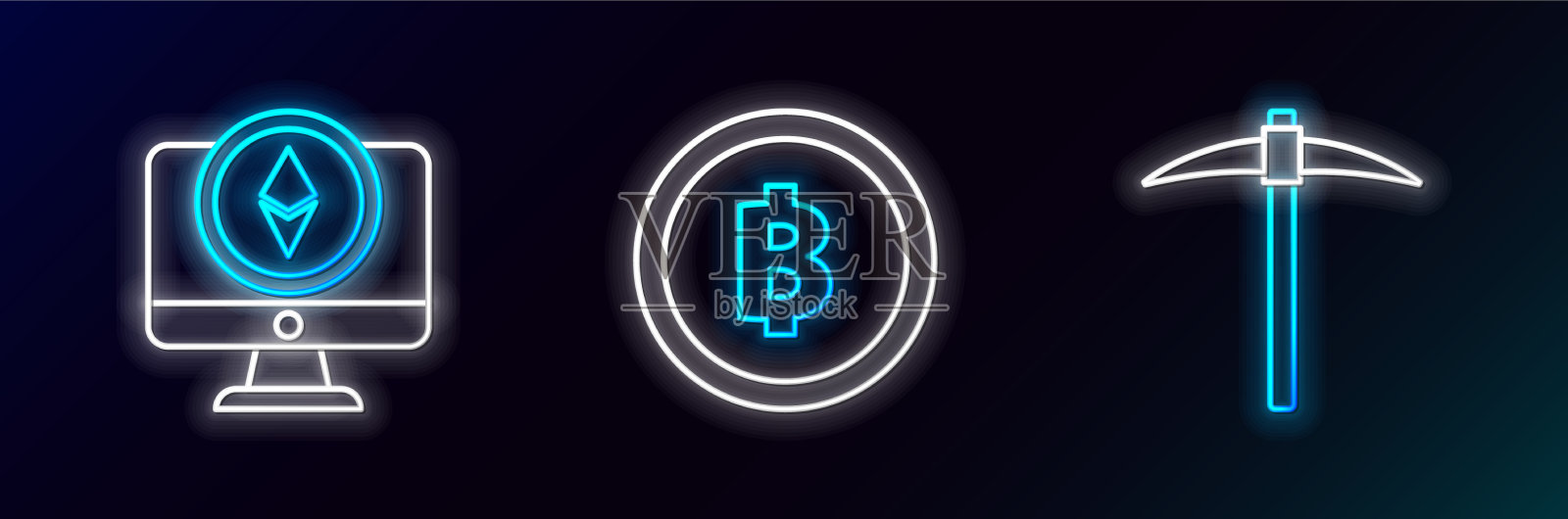 设置线镐监视器和加密货币硬币图标素材