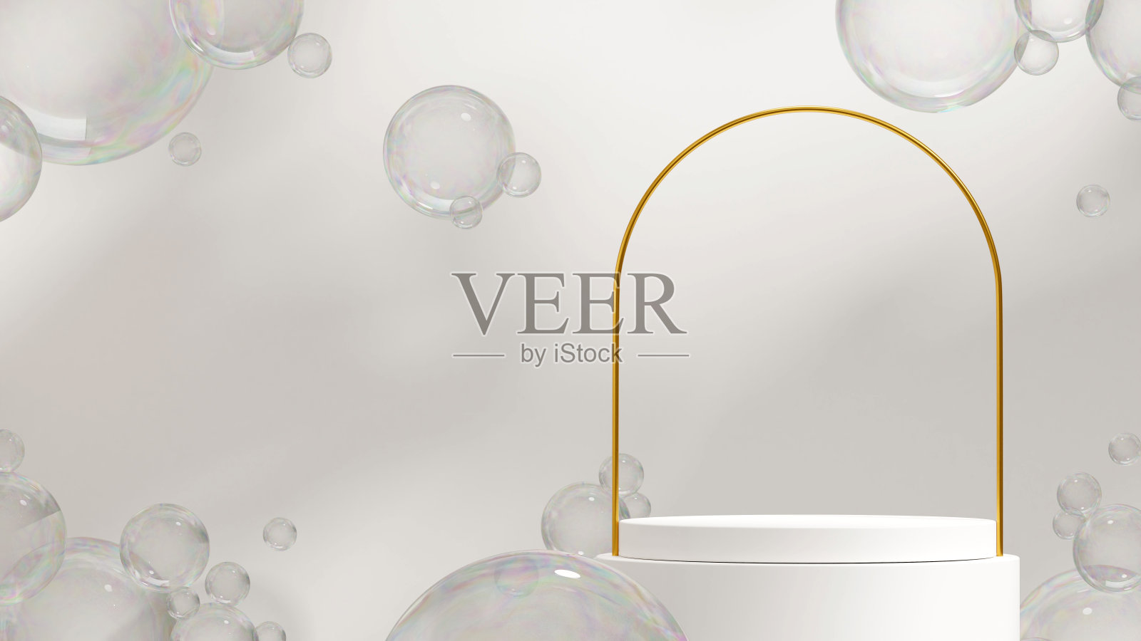 景观布局三维渲染模型模板白色讲台与浮动气泡和金色拱门照片摄影图片