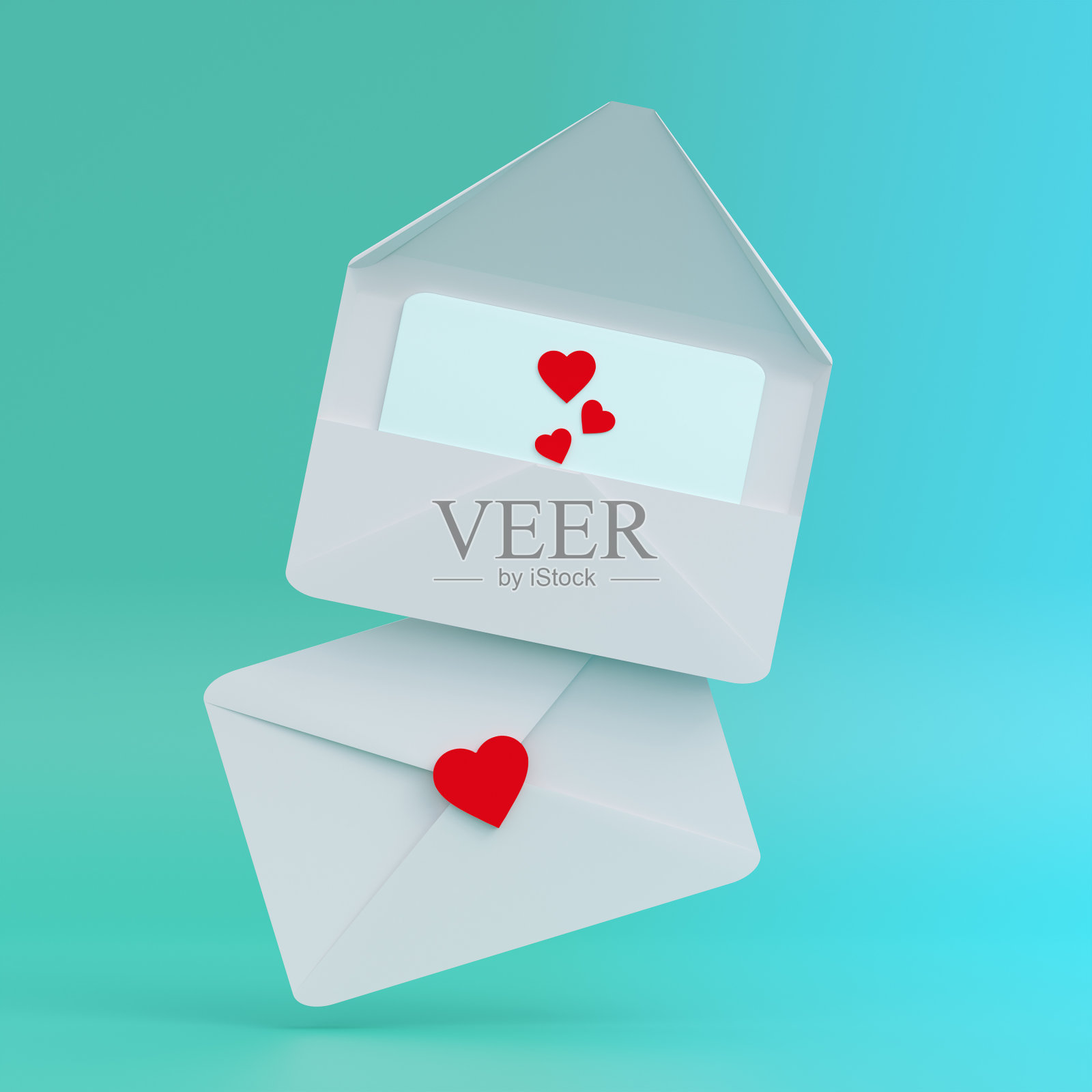 情人节快乐。纸信封和红心。3d插图打开信封信,邮寄红心信。照片摄影图片