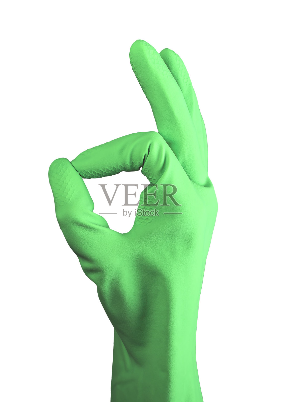 手戴橡胶手套,显示OK标志,OK,批准符号,手指孤立在白色背景上照片摄影图片