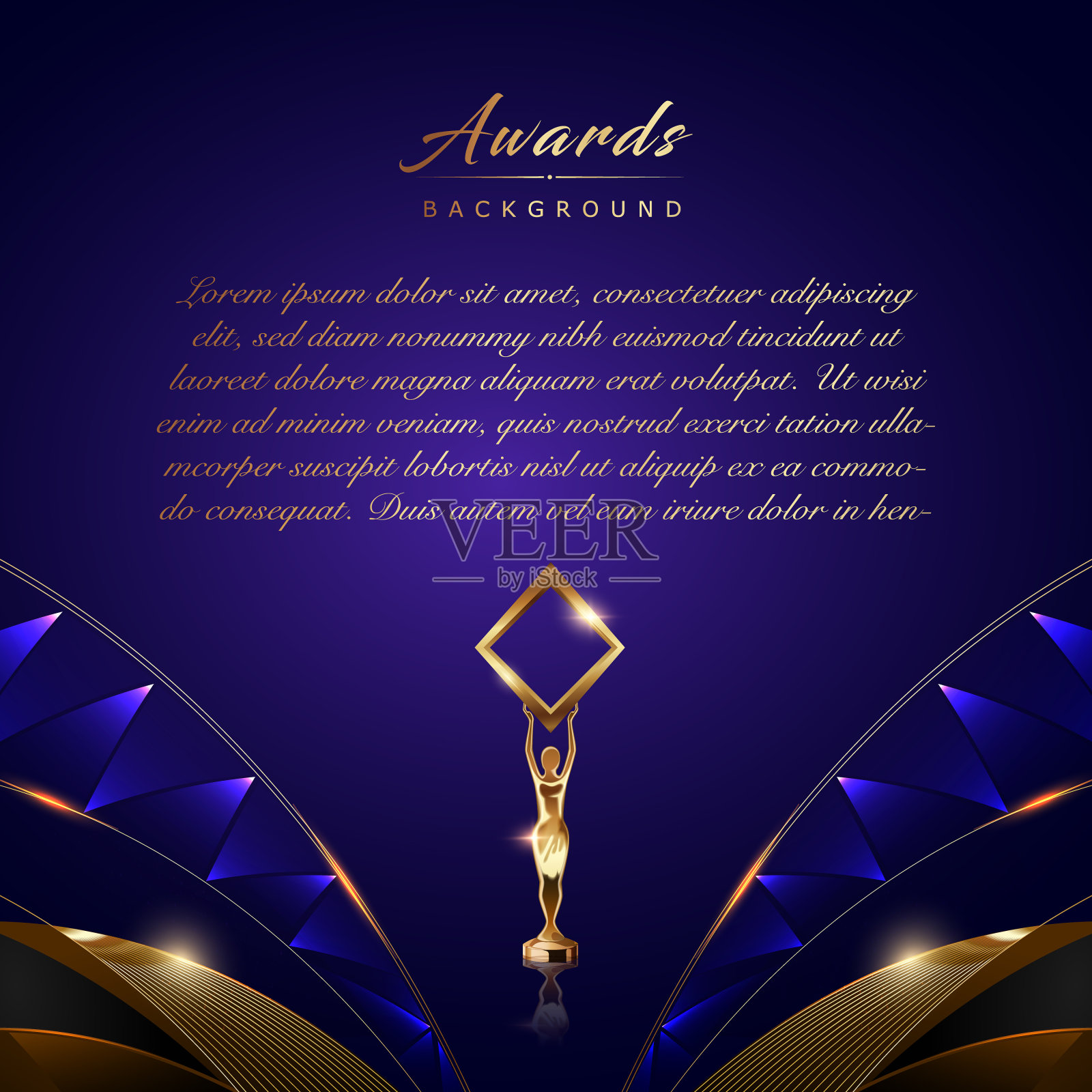 蓝色金色边角曲线流多边形奖背景。奢侈品背景奖杯。现代抽象设计模板。婚礼和结婚卡。订婚邀请卡。证书的设计。插画图片素材