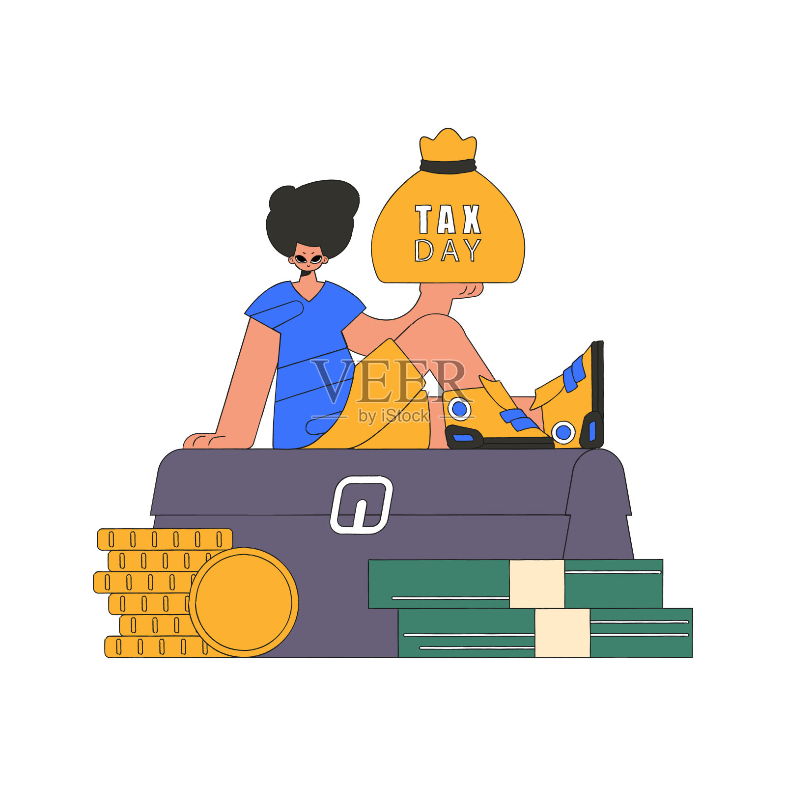 时髦的男人手里拿着一袋税。纳税的话题。插画图片素材