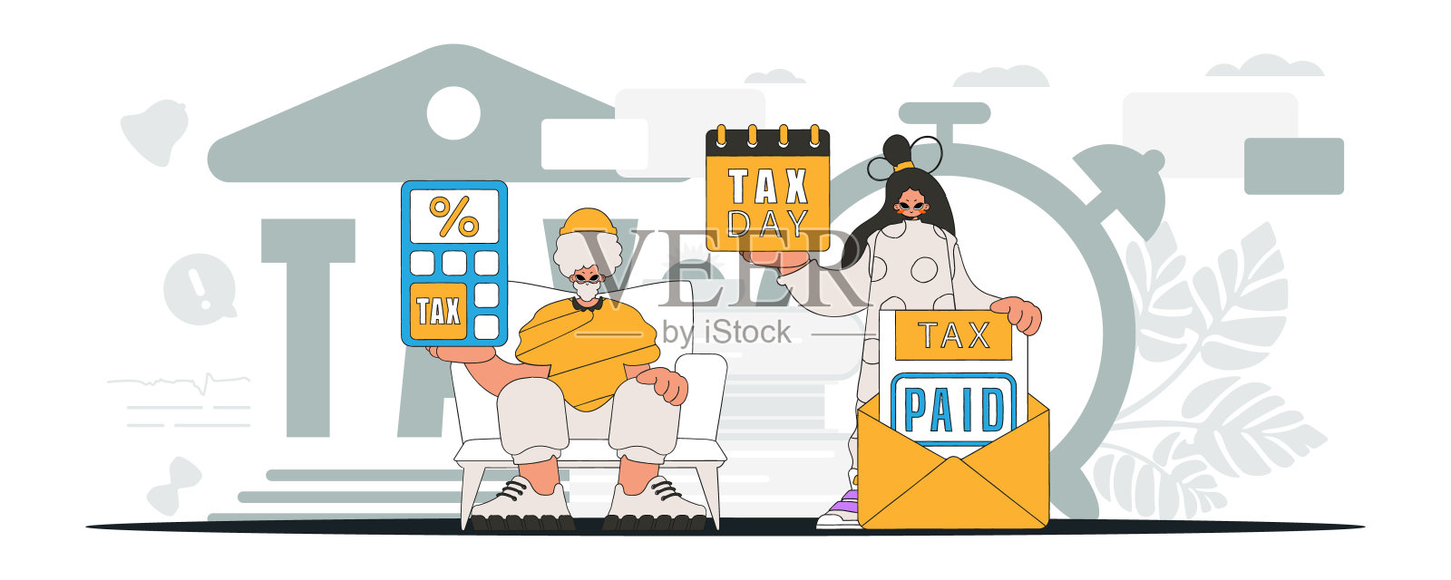 优雅的男孩和女孩示范纳税。说明纳税对经济发展重要性的插图。插画图片素材