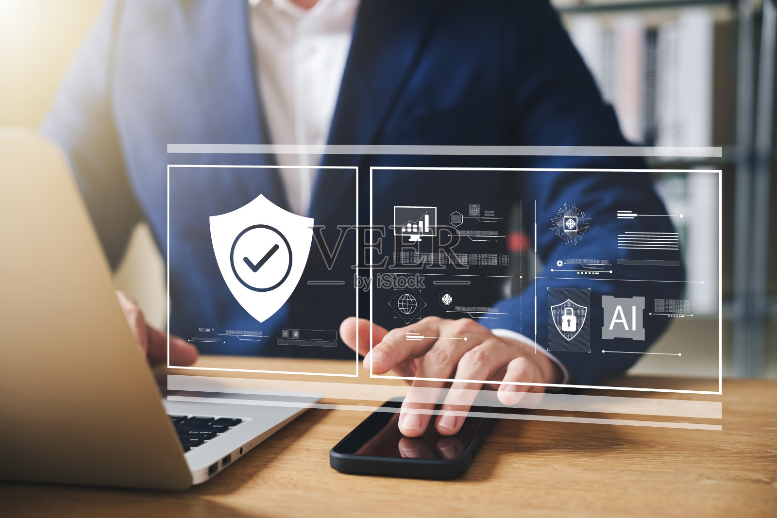 保护数据的网络安全和隐私概念。锁图标与互联网网络安全技术。商人保护虚拟接口上的个人数据。照片摄影图片