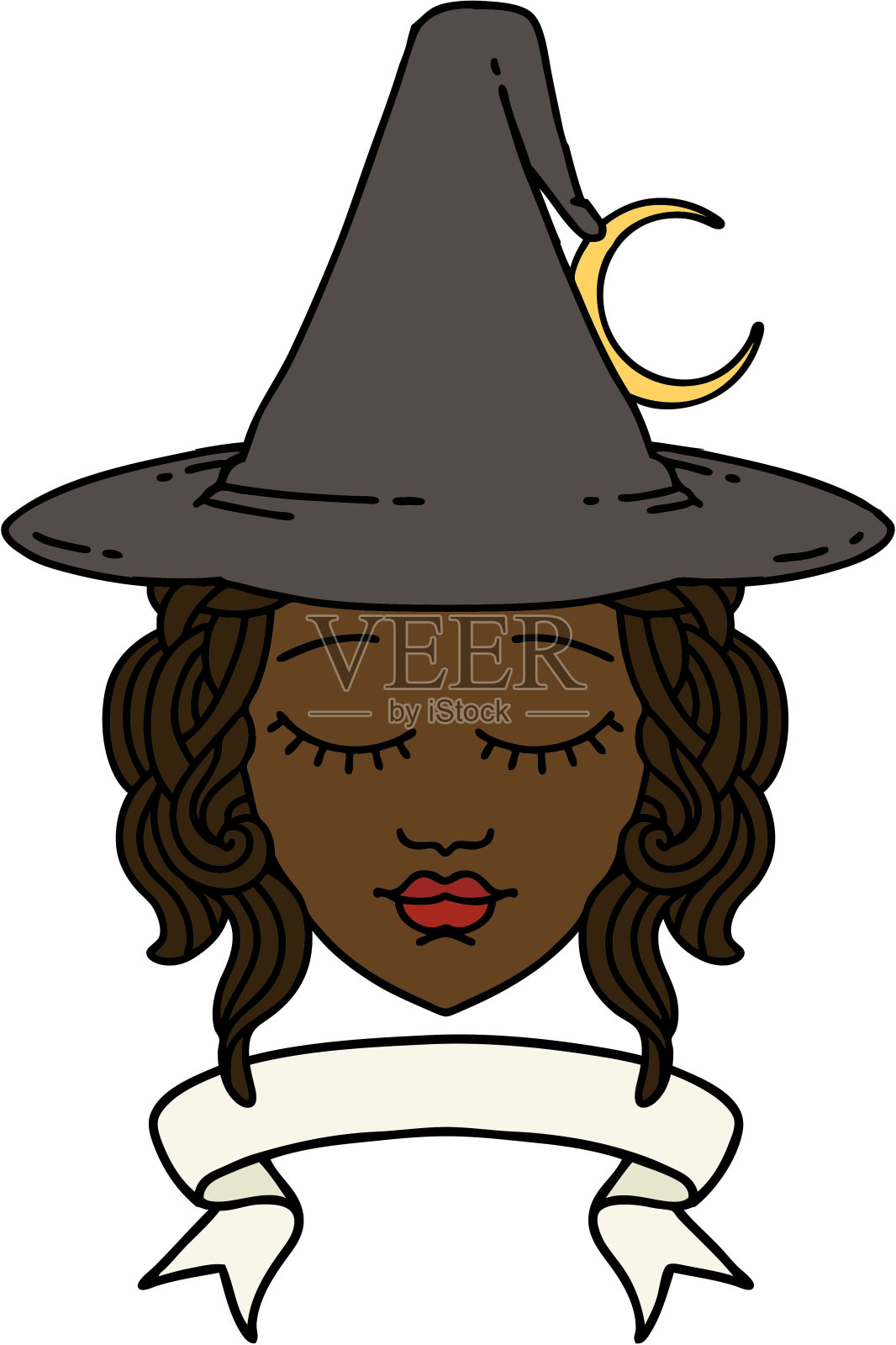 复古纹身风格的人类女巫人物与旗帜插画图片素材