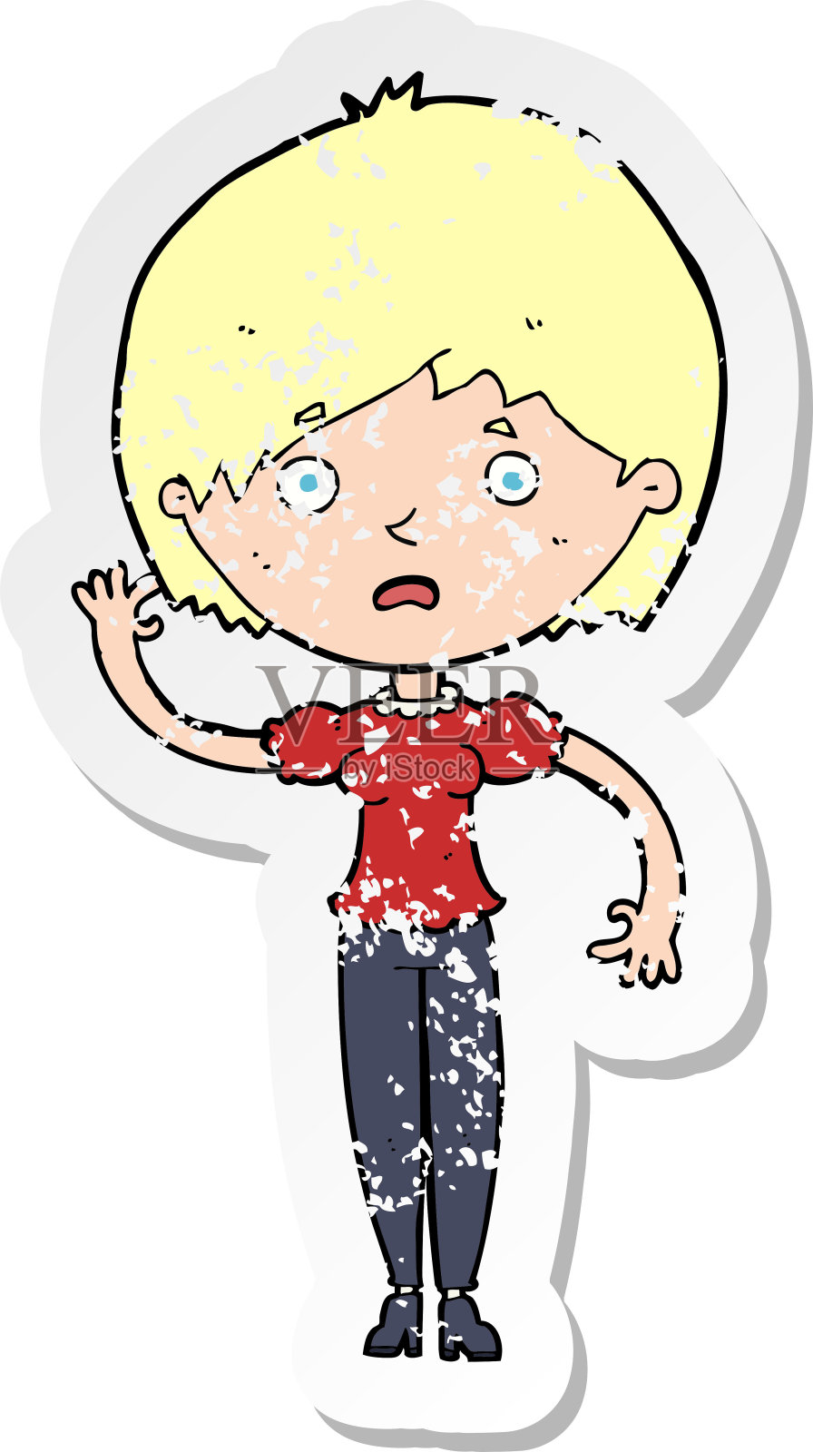 一个卡通挥手的女人的复古心疼贴纸插画图片素材