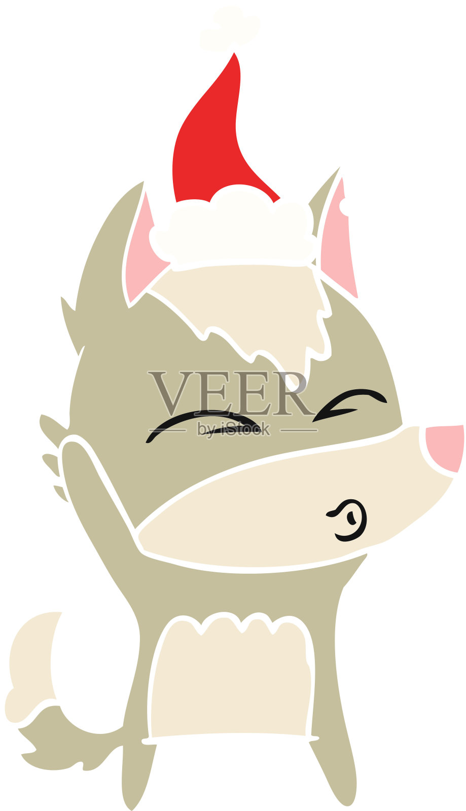 手绘平面彩色插图狼吹口哨戴着圣诞老人的帽子插画图片素材