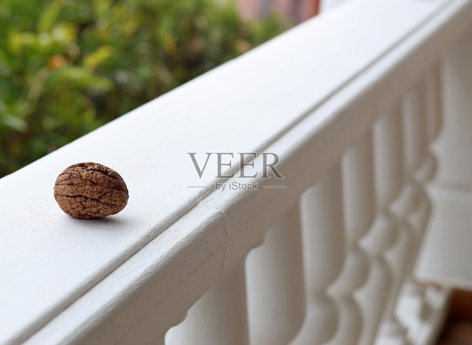 乡下一所房子白色阳台上的一颗核桃照片摄影图片