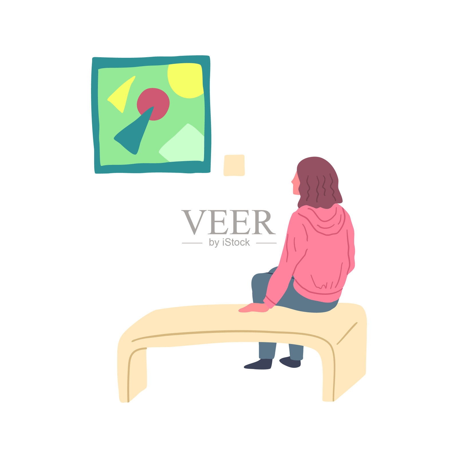 卡通色彩人物少女画廊访客及油画。向量插画图片素材