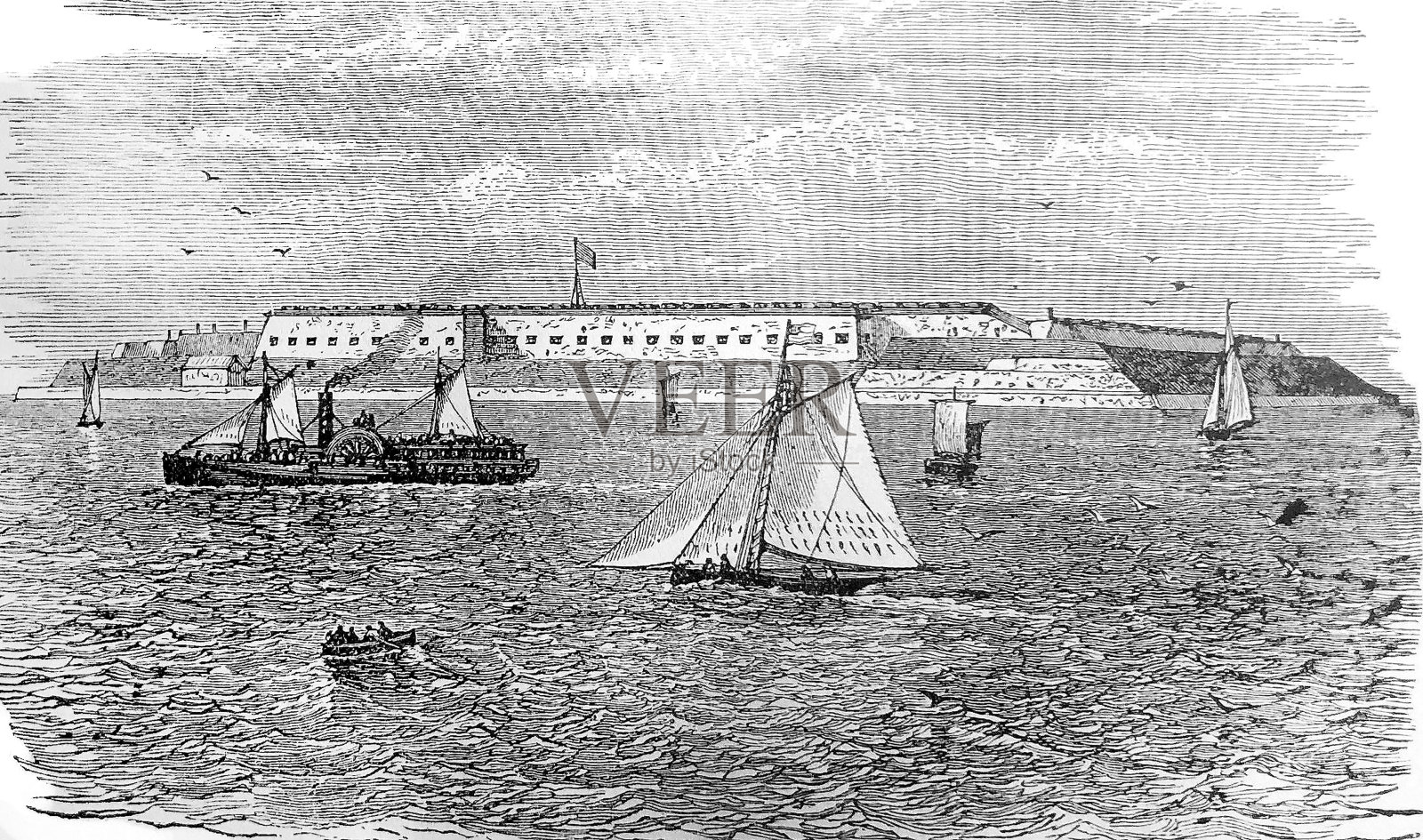 古董插图-沃伦堡-波士顿港插画图片素材