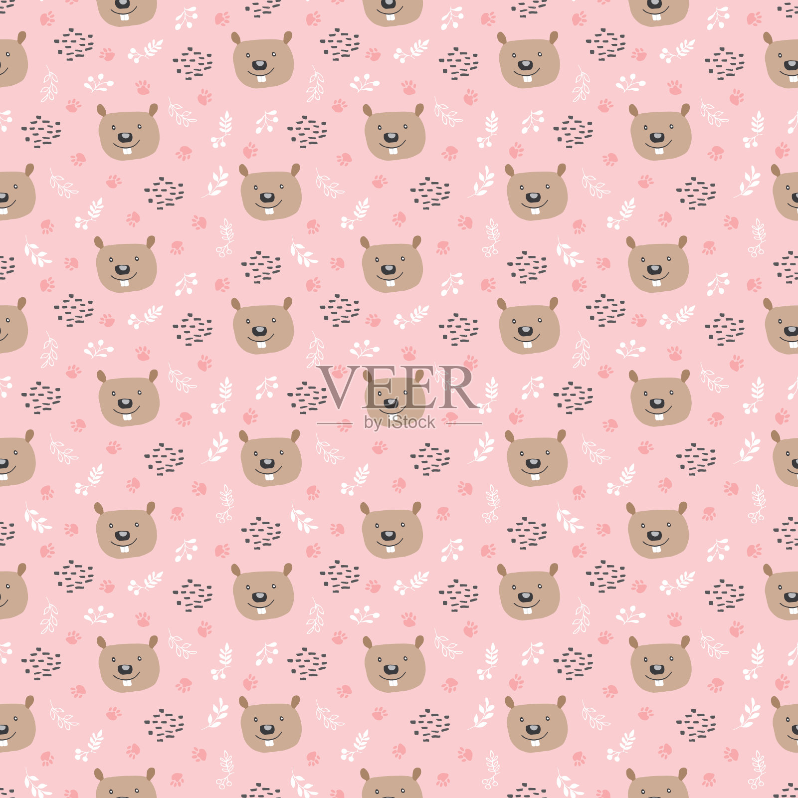 可爱的海狸无缝模式。森林背景中的卡通动物。矢量图插画图片素材