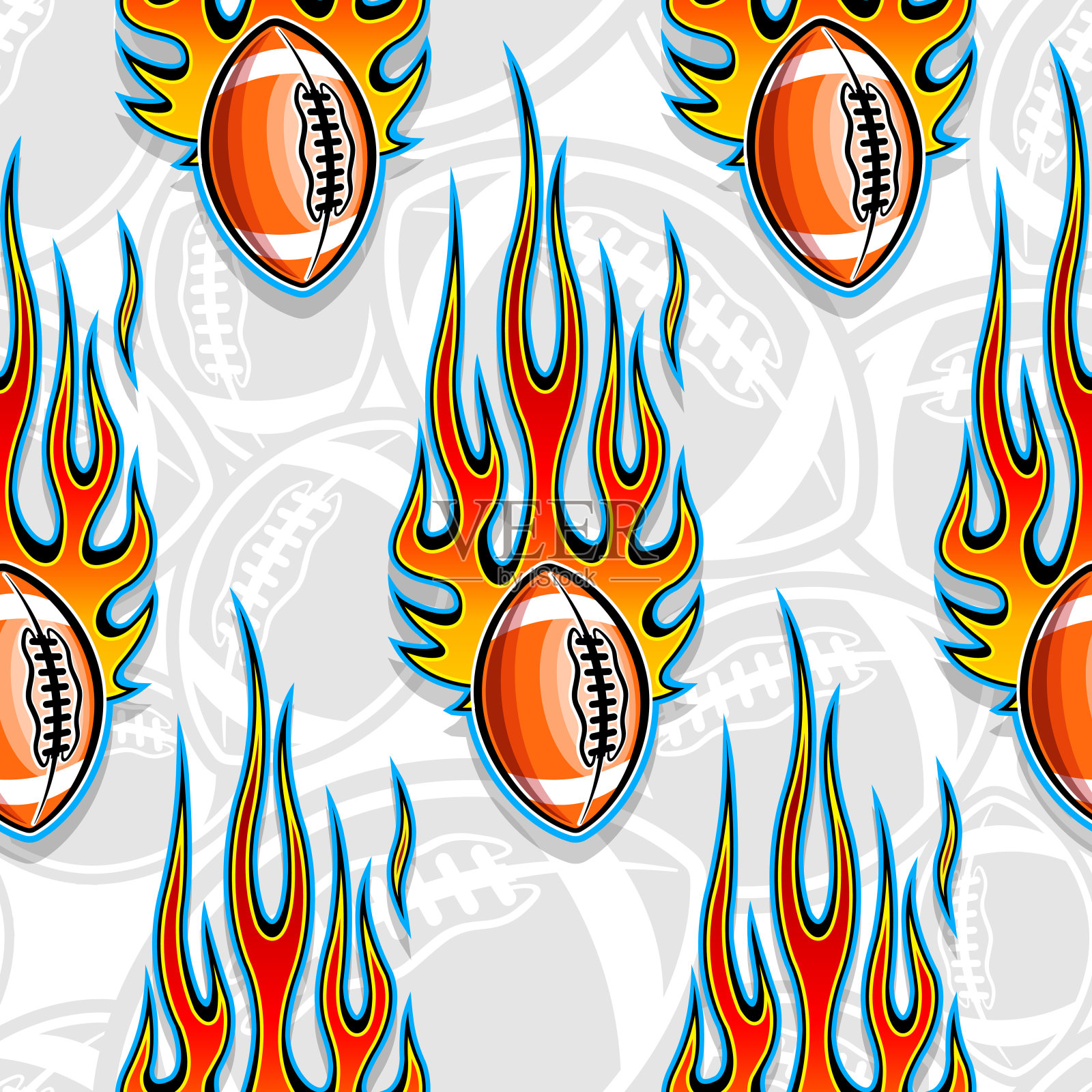 橄榄球和部落火火焰无缝图案矢量艺术形象。火焰美式橄榄球连续背景壁纸纹理。插画图片素材
