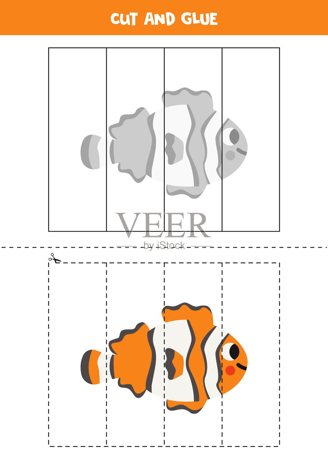 剪和胶水游戏的孩子。可爱的小丑鱼。插画图片素材