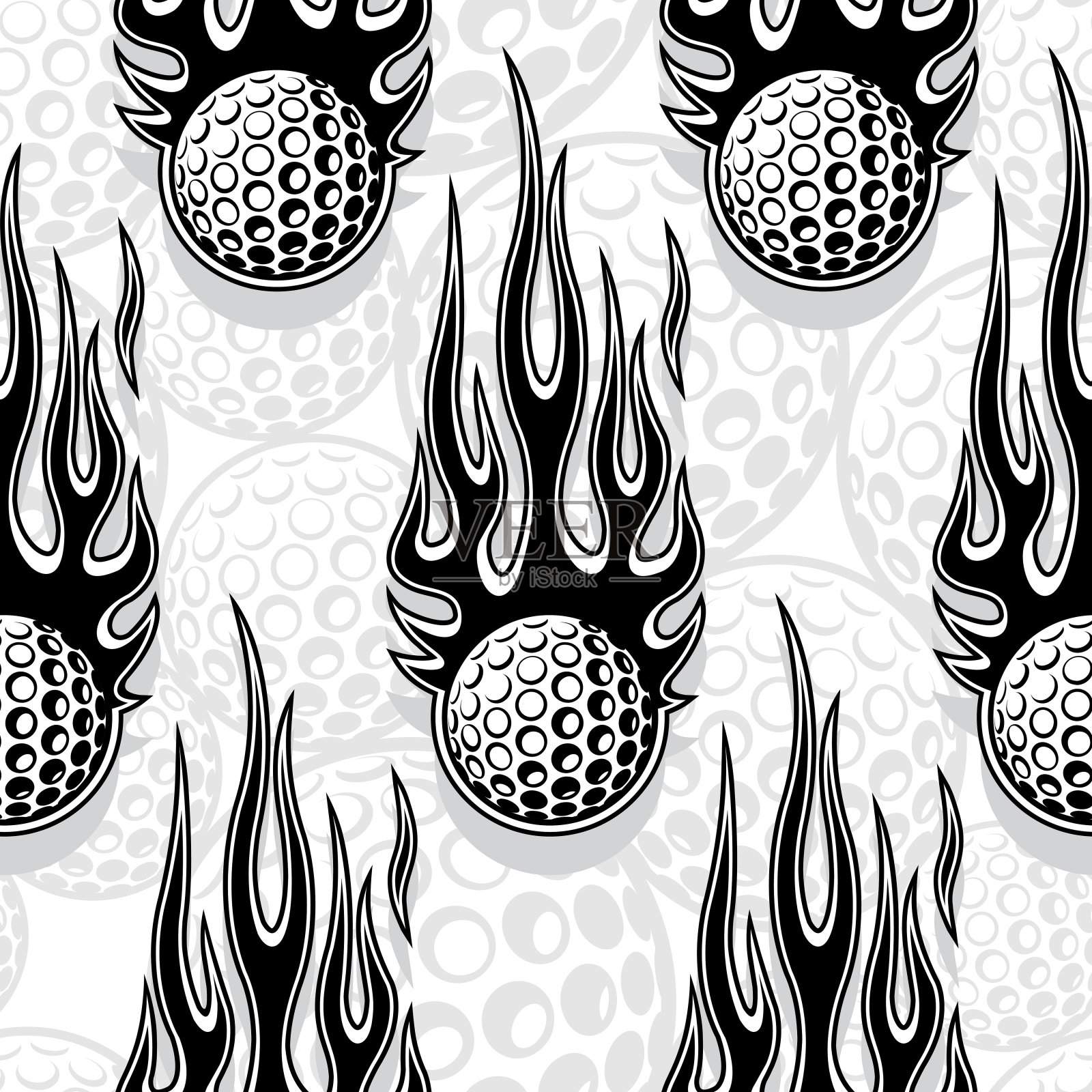 高尔夫球以燃烧的火焰为背景,图案无缝。高尔夫球重复瓷砖矢量艺术图像壁纸纹理。插画图片素材