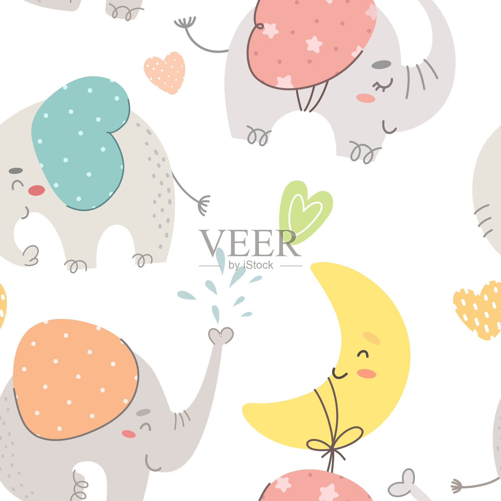 无缝图案与卡通大象。矢量插图。插画图片素材