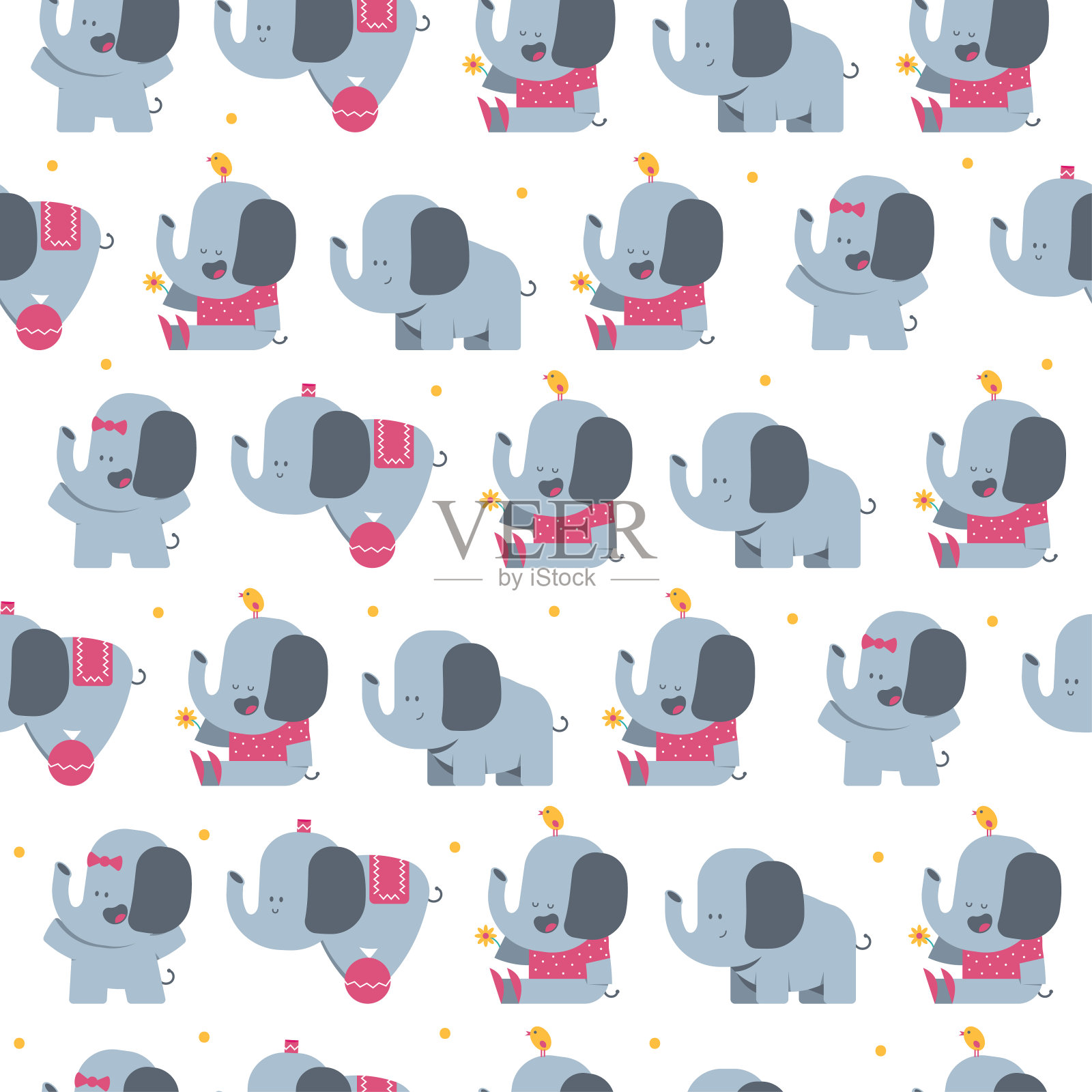 可爱的大象无缝图案矢量卡通背景。插画图片素材