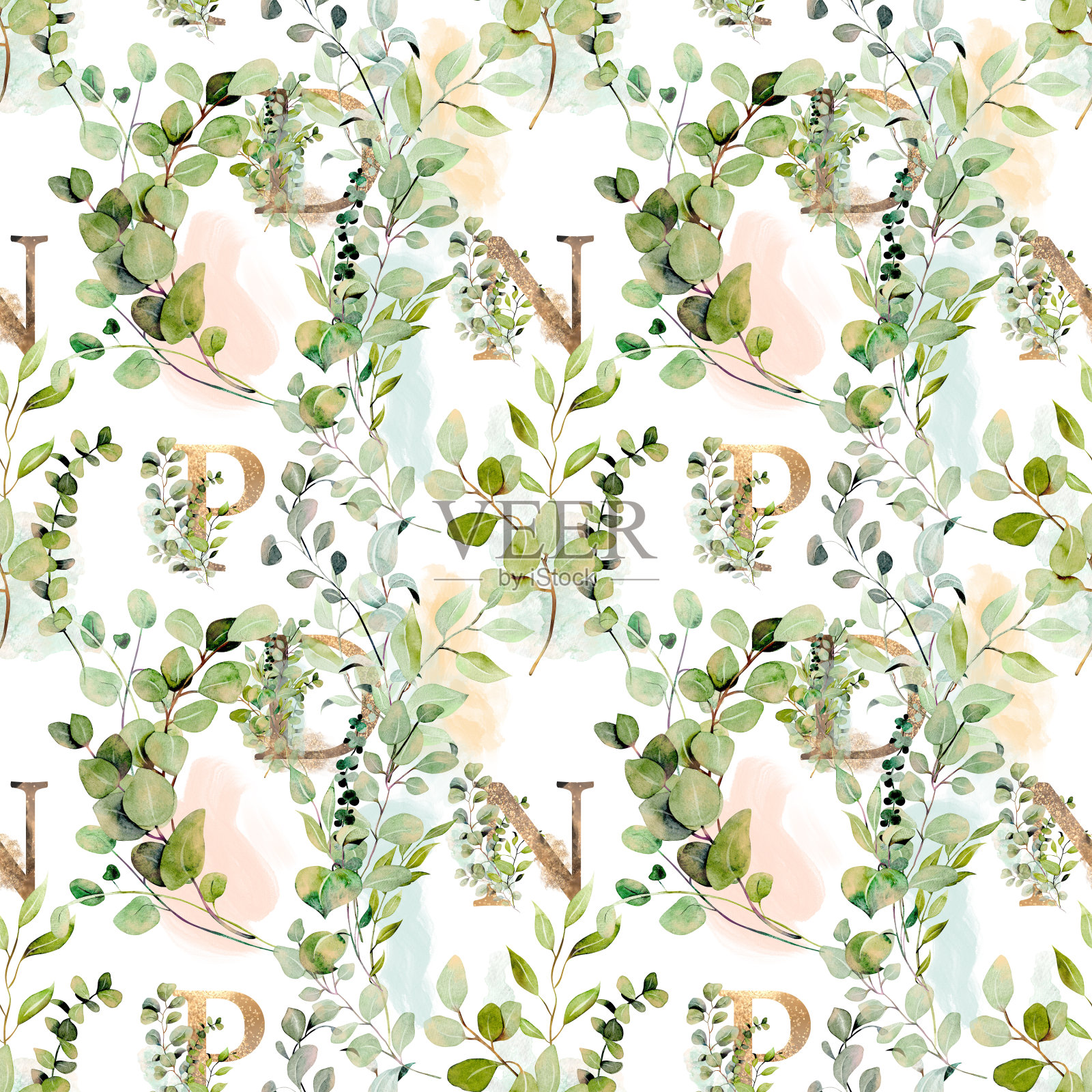 金色字母和水彩桉树树枝的无缝图案,白色背景上的插图插画图片素材