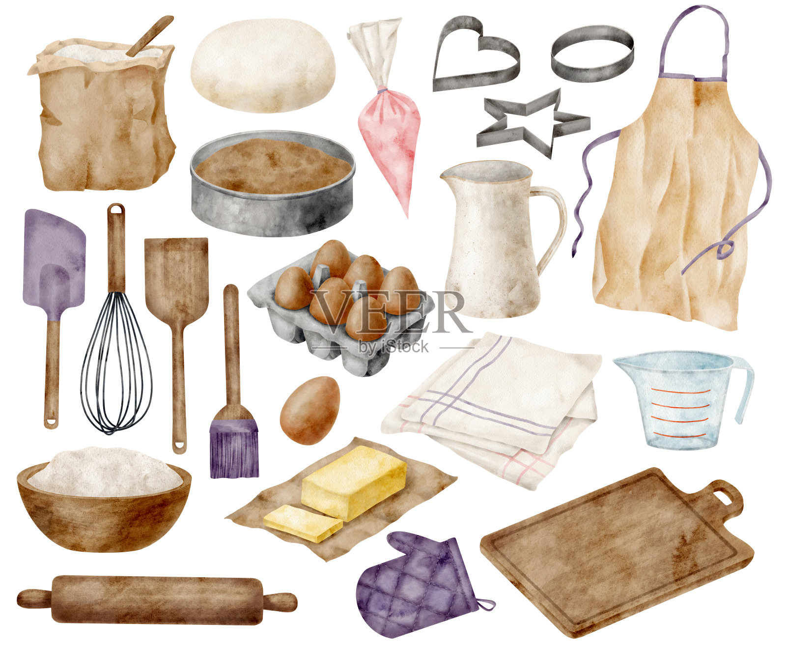 水彩烘焙食材及器皿套装。手绘面粉,碗,面团,鸡蛋,黄油,擀面杖,砧板,糕点刷,烤箱手套,打蛋器,锅铲,隔离在白色背景上的围裙。插画图片素材