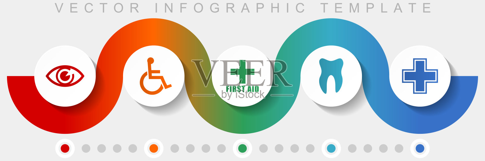 医院信息图矢量模板与图标集,杂图标,如眼睛,轮椅,急救,牙医和十字架的网页设计和移动应用程序插画图片素材