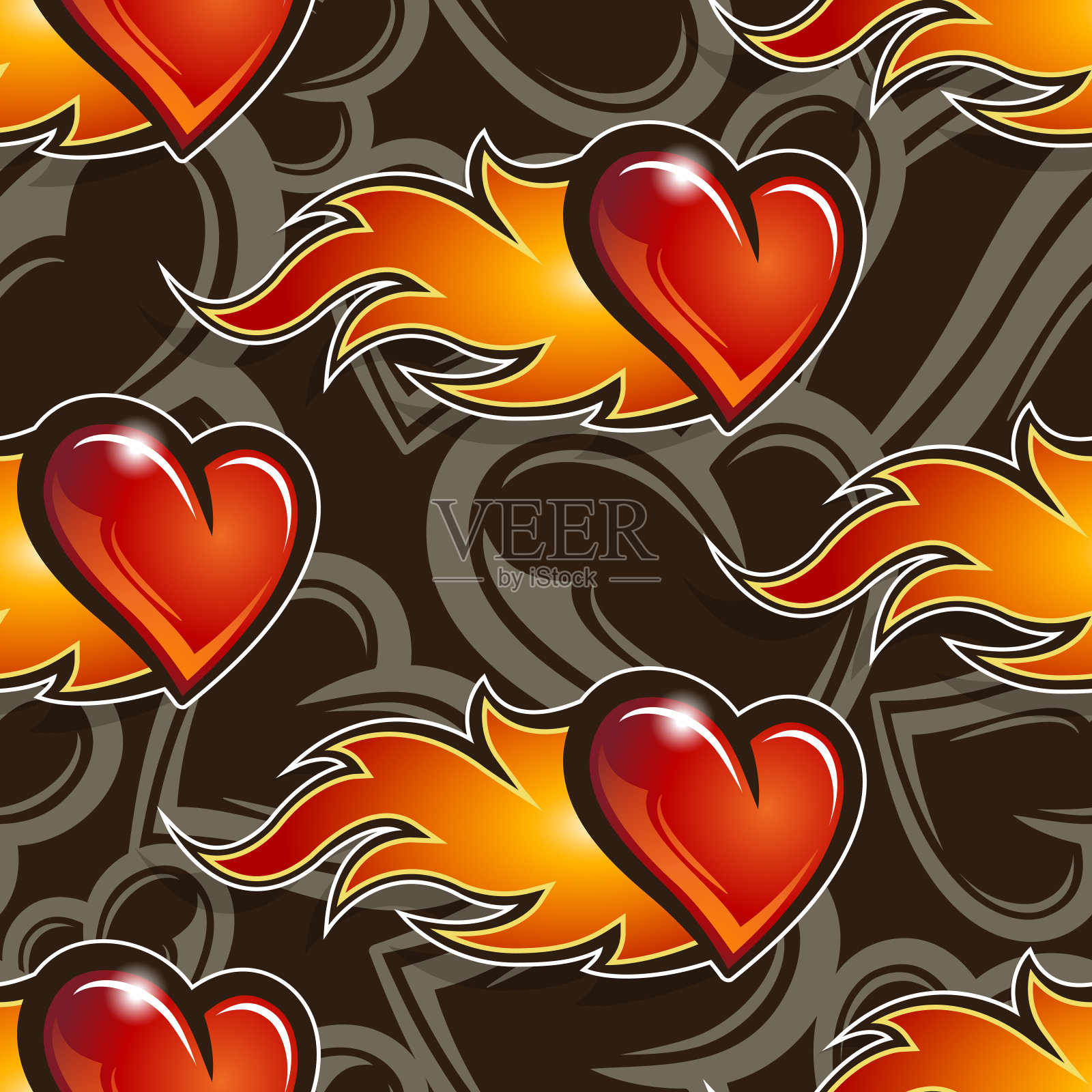 烈焰之心无缝模式矢量艺术与爱的心和火焰火焰图形打印,情人节包装纸,明信片,纺织品和壁纸设计。插画图片素材