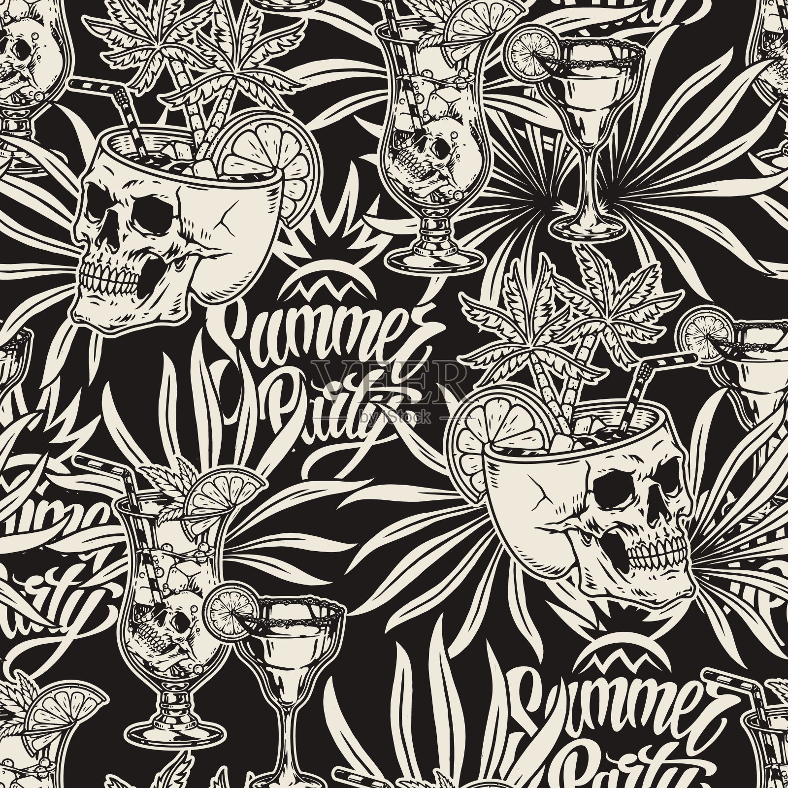 夏日派对无缝图案单色插画图片素材