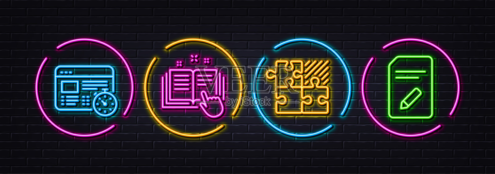 益智游戏,技术文件和Web定时器最小线图标。对于web应用程序,打印矢量插画图片素材