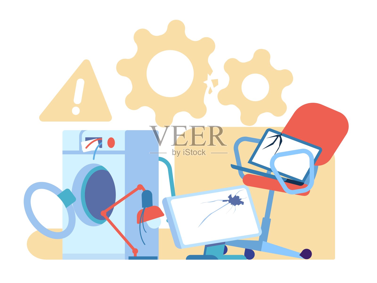 有缺陷的产品。库存坏掉的电子产品。家用电器断裂。损坏的电脑椅。洗衣机和灯故障。笔记本电脑维护。向量的概念插画图片素材