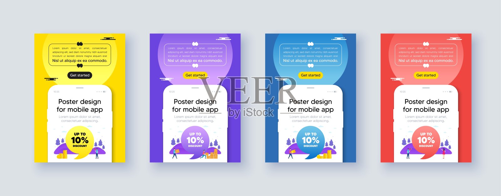 最高可打九折。销售报价。海报框架与手机ui。向量插画图片素材