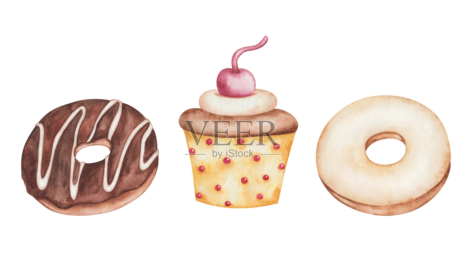 水彩插图。手绘的经典甜甜圈配上白色糖衣和棕色巧克力。蛋糕配蛋白酥皮,黄杯樱桃。烤松饼加奶油。独立剪贴艺术甜点的咖啡馆菜单设计元素图片