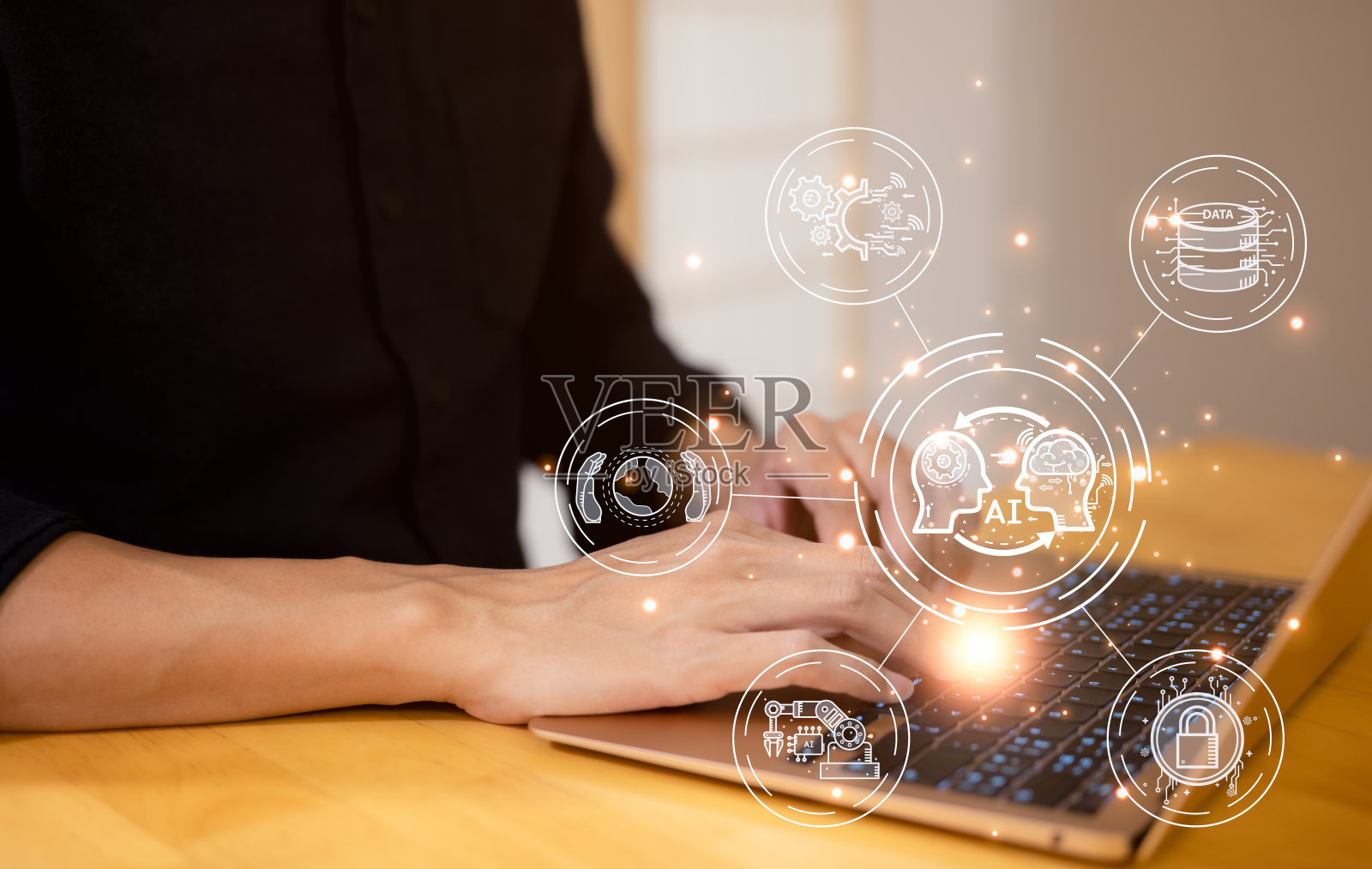 Ai是人工智能的概念,它使用分析、自动化和自主大脑。大数据管理、计算机连接信息智能技术、聊天机器人、自动聊天、照片摄影图片