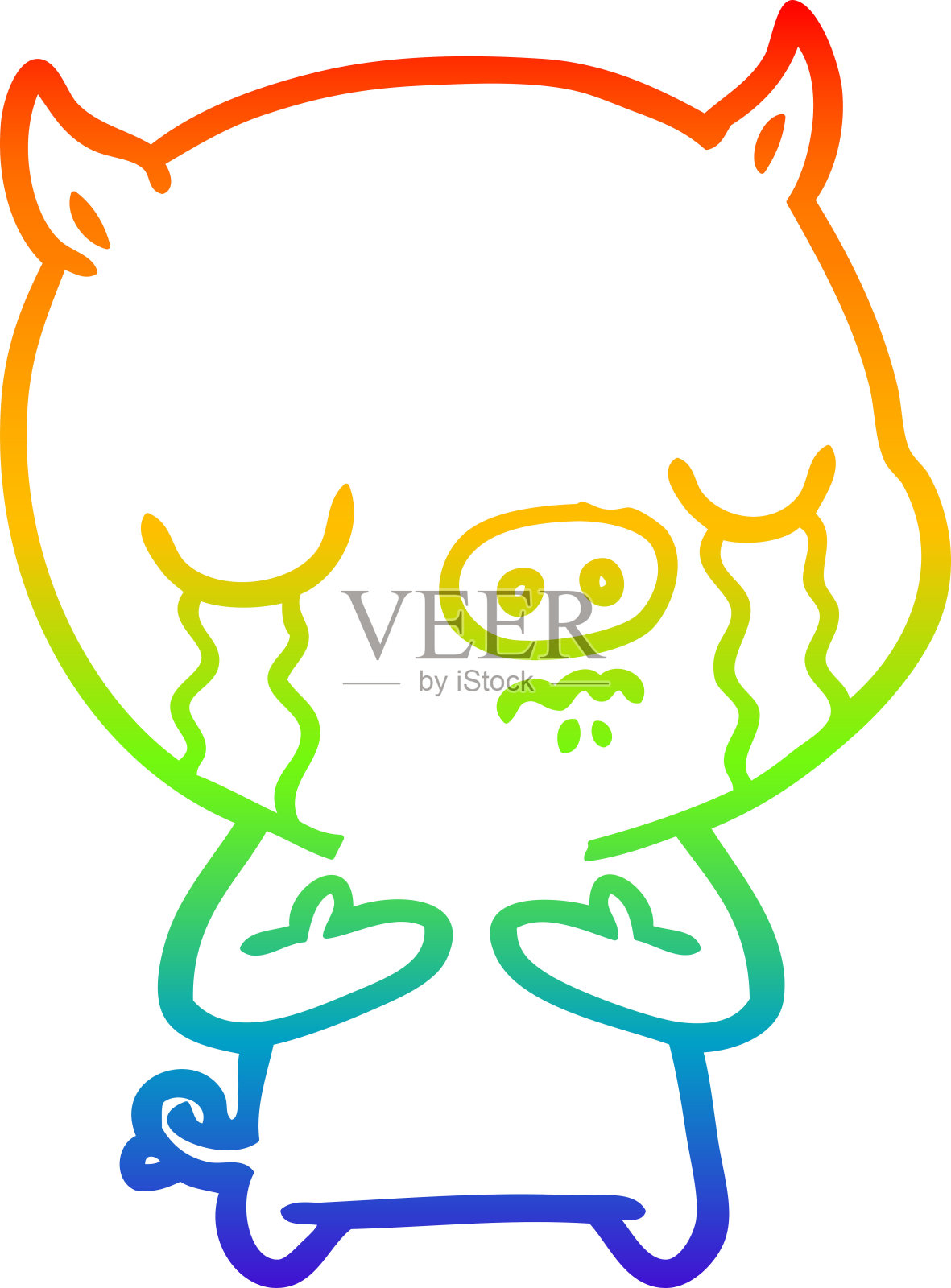 彩虹渐变线画的卡通猪哭插画图片素材