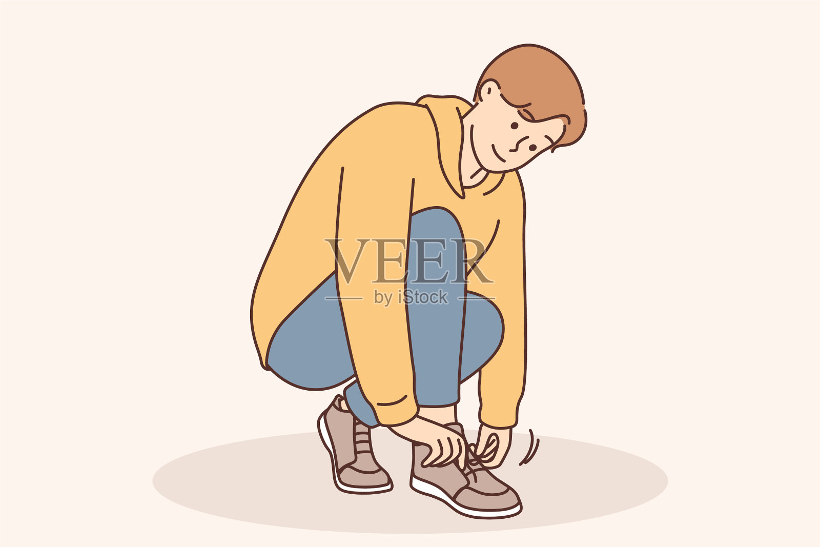 一个小男孩把鞋带系在他的鞋子上插画图片素材