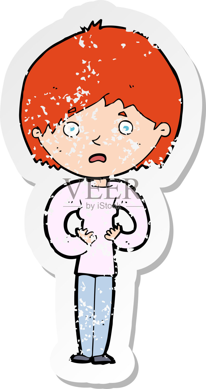 一个卡通女人做谁是我的手势的复古心疼贴纸插画图片素材