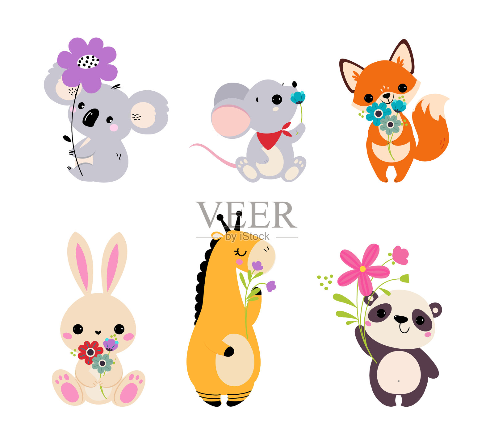可爱的动物与盛开的花朵和花卉插画图片素材