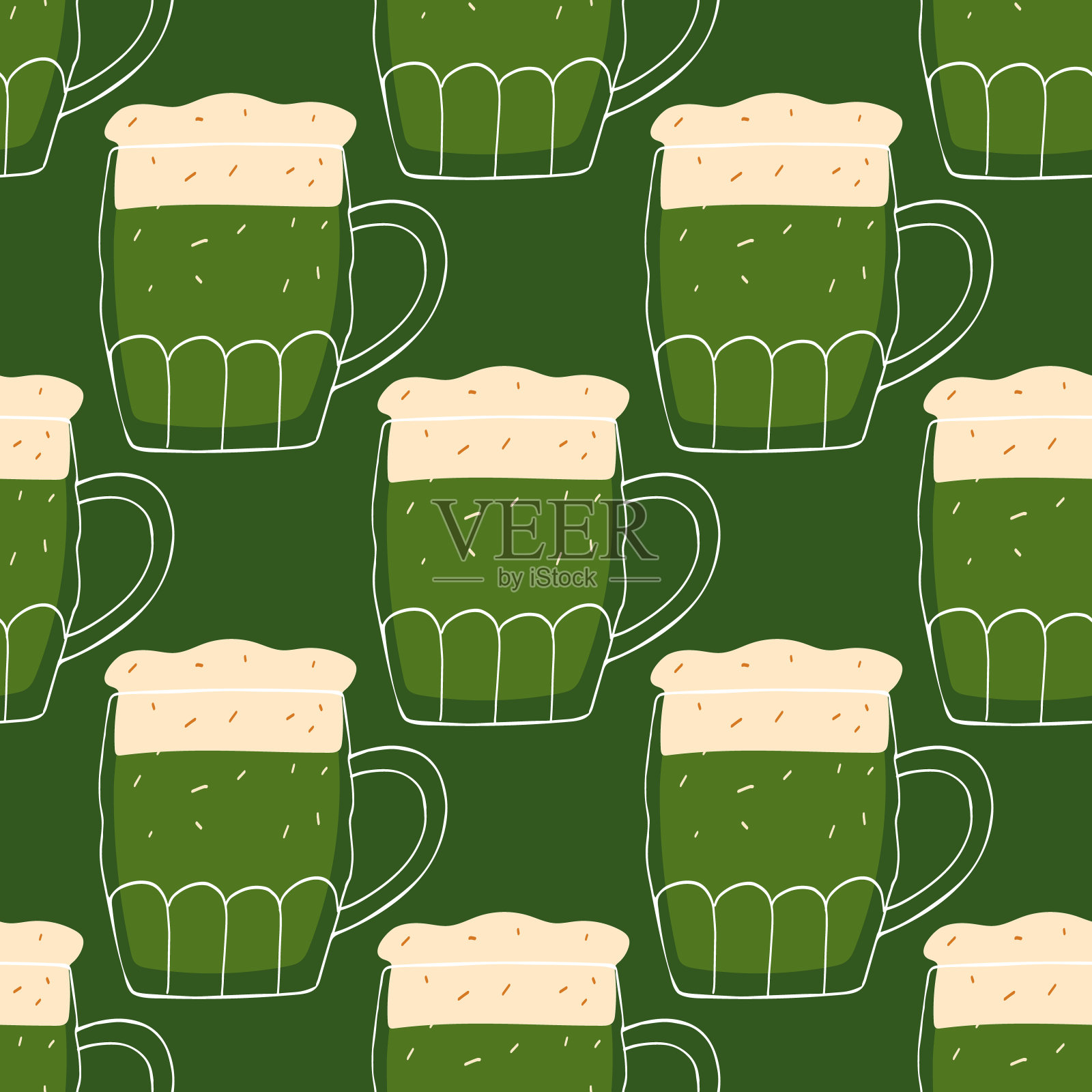 无缝模式与插图风格化啤酒杯在圣帕特里克节日的绿色背景插画图片素材
