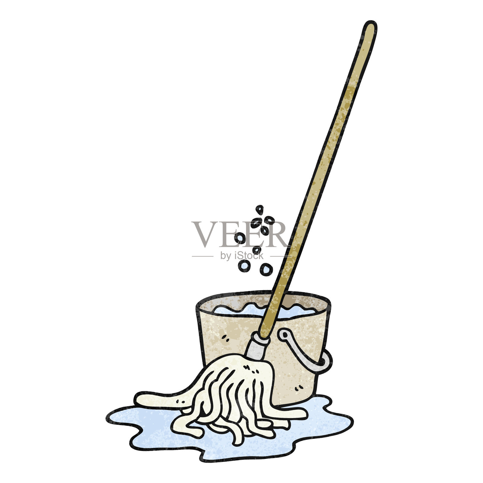 徒手纹理卡通拖把和水桶插画图片素材