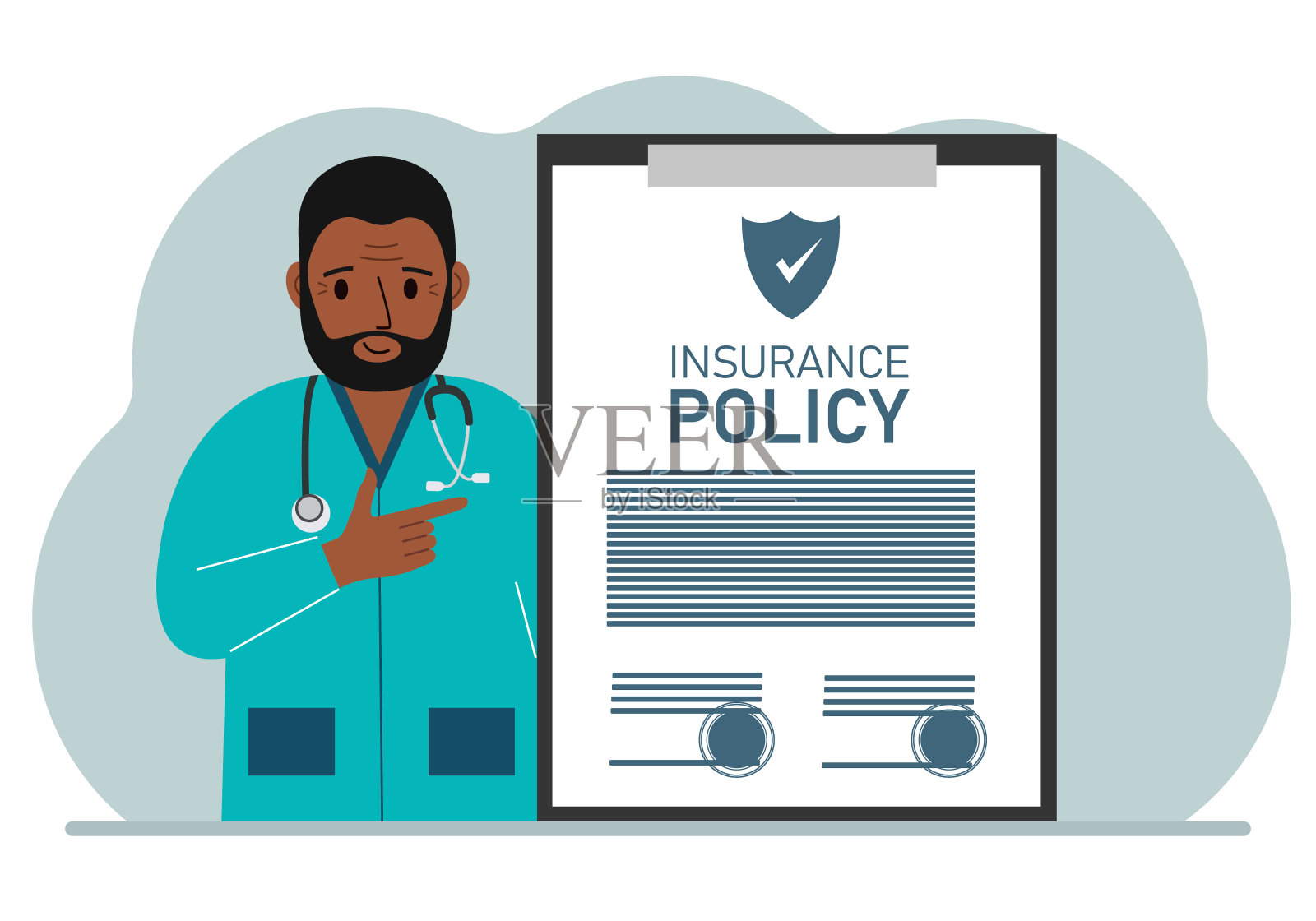 保险单旁边是男医生。插画图片素材