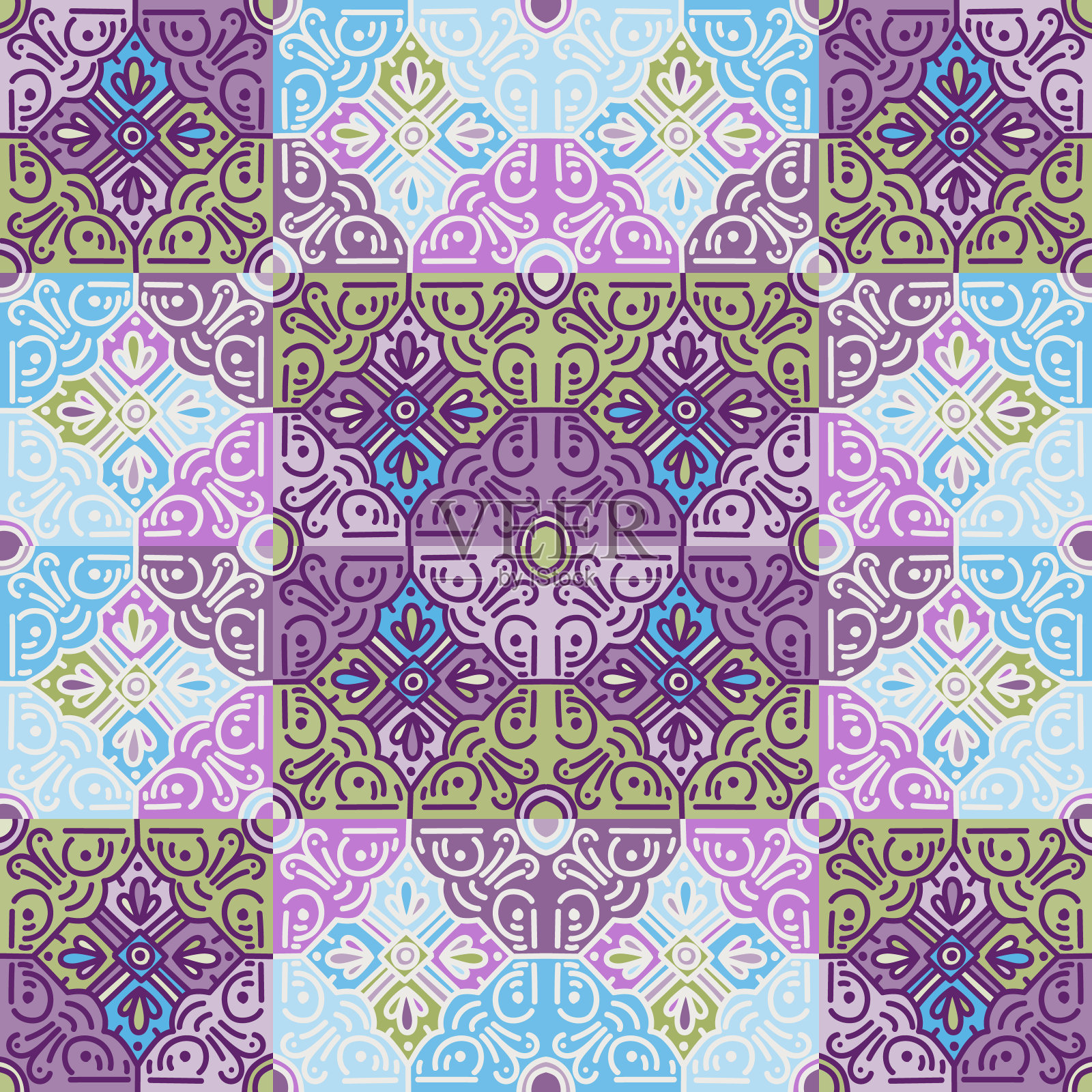 民族花卉镶嵌无缝图案。抽象几何装饰墙纸。插画图片素材