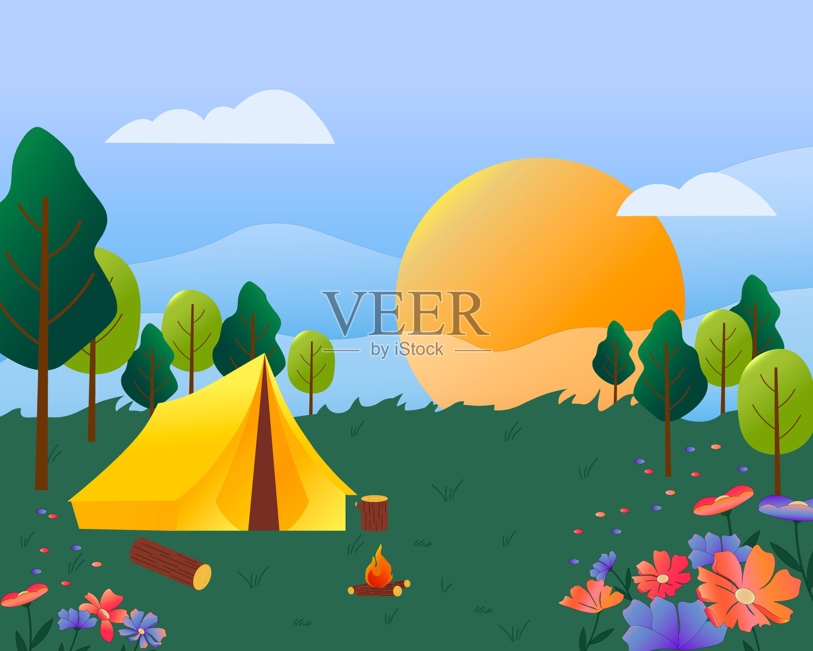 露营。帐篷、火和乡村休息用品。风景。插画图片素材