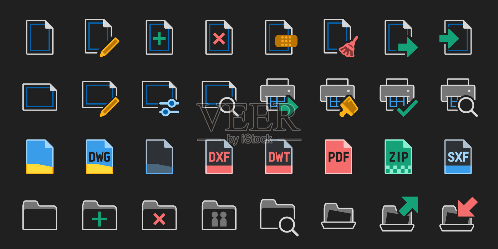文件,文件夹和打印机工具的暗模式-最小的CAD工具图标集图标素材