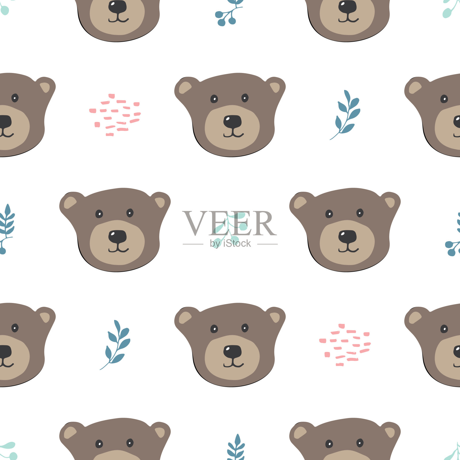 可爱的小熊无缝图案。森林背景中的卡通动物。矢量图插画图片素材