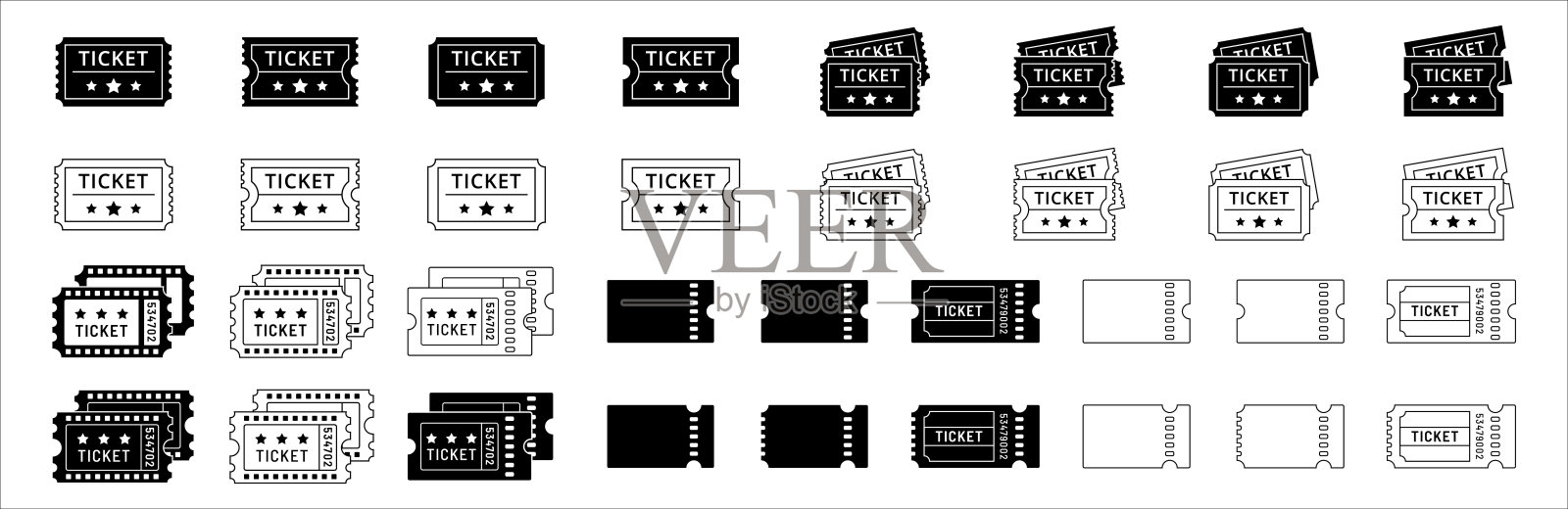 票务图标设置。堆叠票图标收集。带有存根线图标的电影院票。抽奖券优惠券签名。矢量股票插图。平面轮廓设计风格。设计模板素材