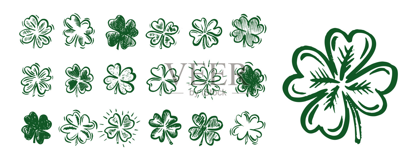 三叶草套装,圣帕特里克节,手绘插图。插画图片素材