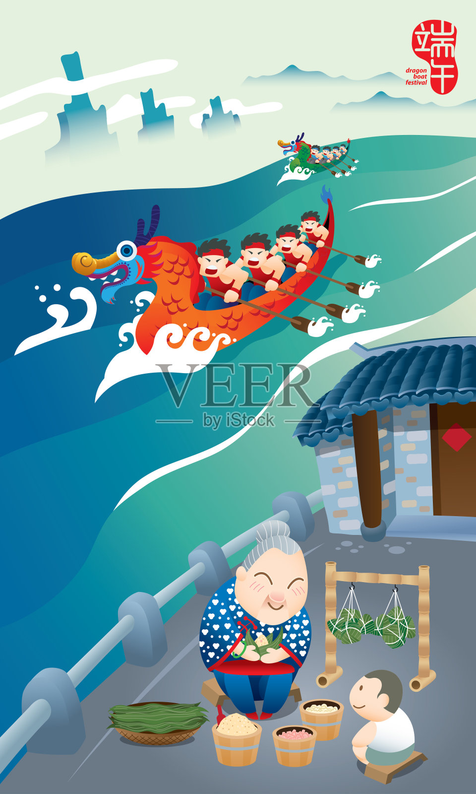 精力充沛的男子在河中划船,一位老妇人和她的孙子包粽子。插画图片素材