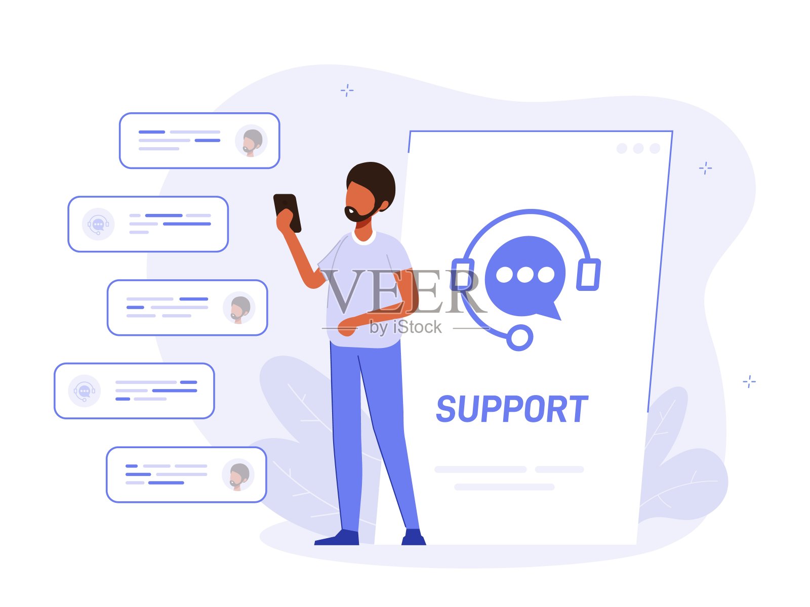 客户支持呼叫中心概念。客户帮助台,通信,呼叫中心,在线帮助,常见问题,支持系统,聊天。支持创意插图。插画图片素材